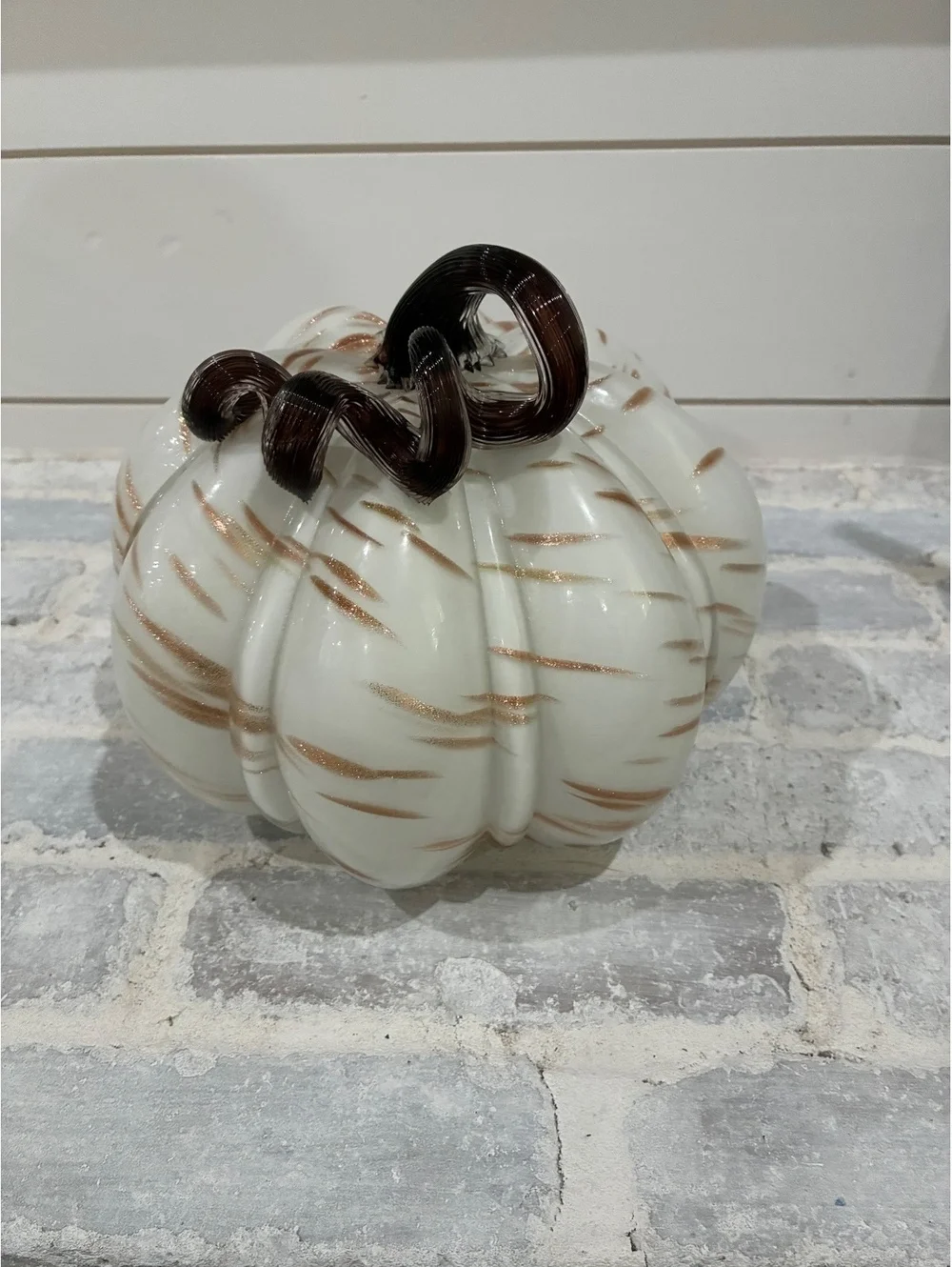 Decorative White and Copper Glass Pumpkin with Curled Brown Stem